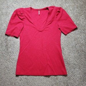 Free People Shirt Womens Large Red Short Sleeve V Neck Padded Shoulders